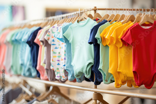Colorful baby bodysuits on hangers in a shop. Collection of baby and toddler clothes. Kids clothing. Baby clothes. Childrens’ boutique. Clothes store.