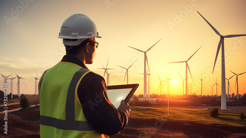 Industrie Arbeiter mit Helm steht mit Tablet vor Windpark in der Abenddämmerung