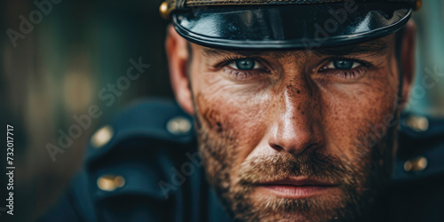 Close-up of a determined police officer in uniform, portraying vigilance and dedication to justice. Serious expression, a symbol of law and order. photo