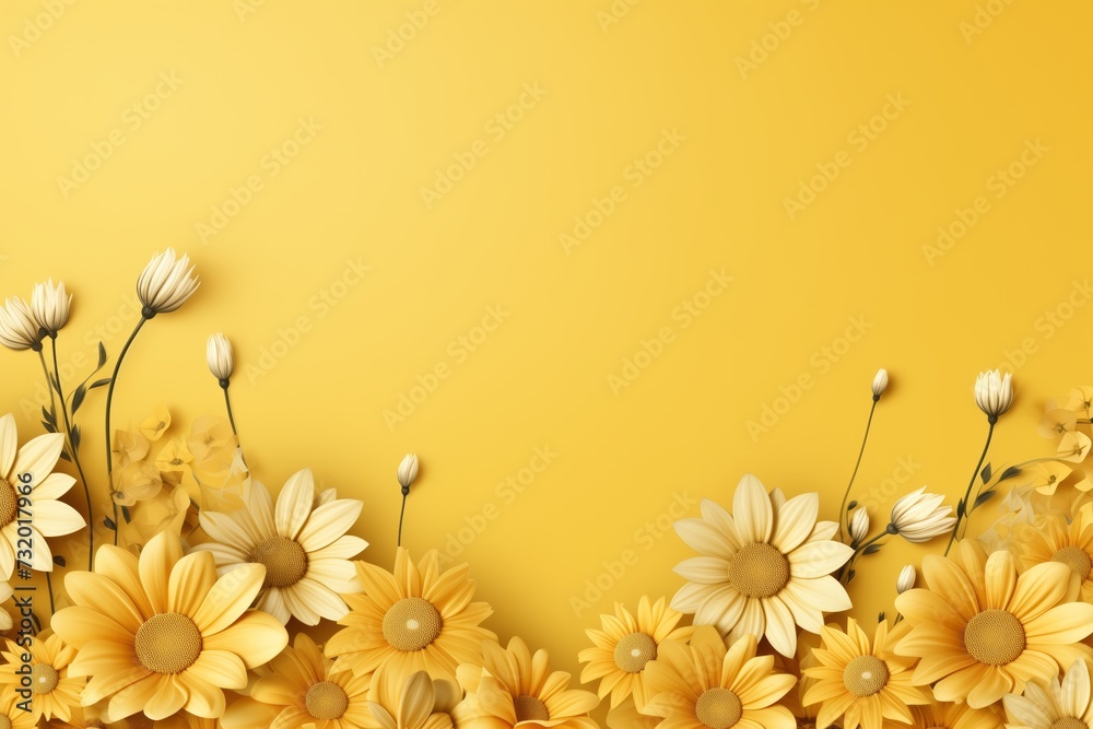 Obraz premium Holiday banner with flowers. Spring flowers on color background with copy space. Greeting card for Valentine's Day, Woman's Day and Mother's Day holidays. Flat lay, banner size