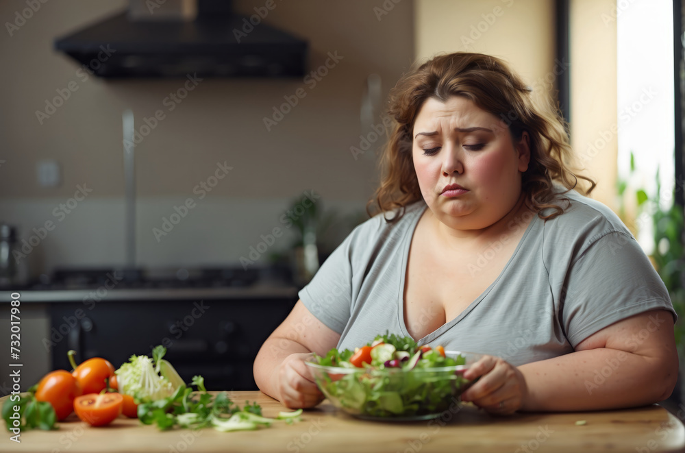 Beautiful fat young caucasian woman with sad expression eating salad at home. Concept of overweight, diet and health care. Copy space