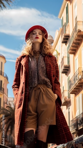 A fashion model exuding a mix of joy and confidence, photographed from a low angle in Palma de Mallorca, wearing prestigious winter attire that resembles Eva Green's fashion choices.