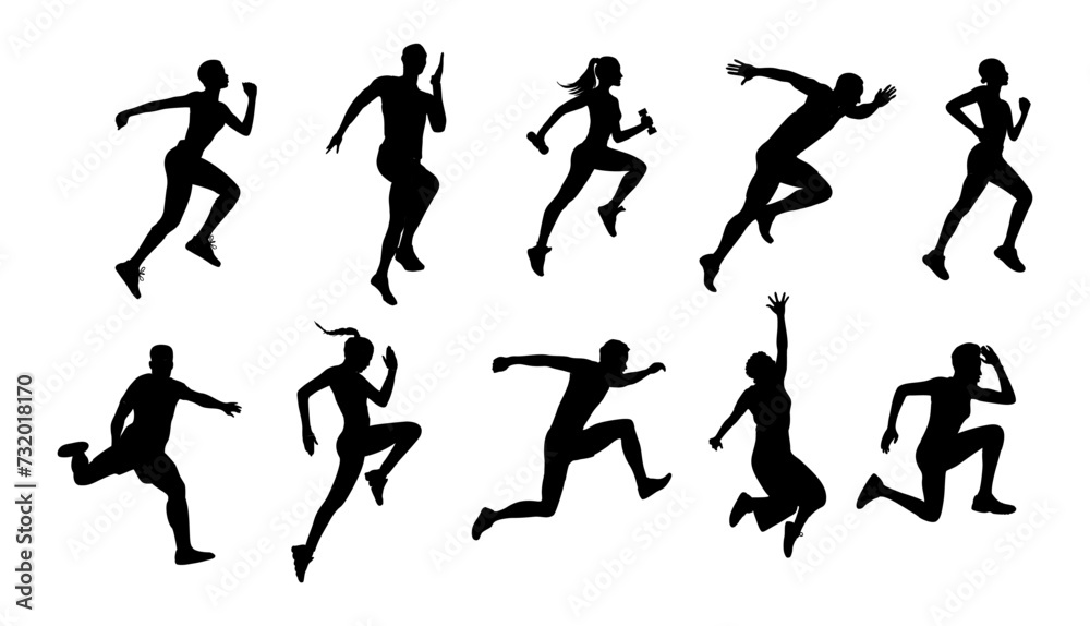 Silhouettes of Male and female athletes running. Healthy active lifestyle. Maraphon, Sprint, jogging, warming up. Sport, fitness design, flat style vector illustrations isolated on white background.