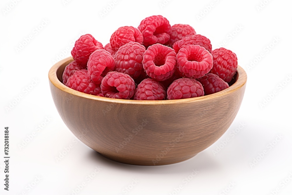 Juicy ripe red raspberries in a wooden bowl isolated on a clean white background Juicy ripe red raspberries in a wooden bowl isolated on a clean white background