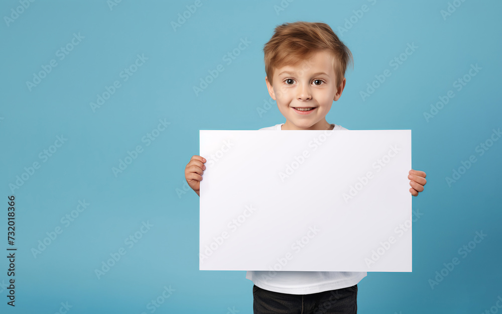 A beautiful European boy holds a clean white sheet of paper. empty space for editing on pastel blue background A beautiful European boy holds a clean white sheet of paper. empty space for editing on pastel blue background