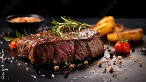 Prime cooked steak with garnishes flavourings, on a stylish slate, showcasing the artistry and elegance of fine dining. Irresistible flavors meet impeccable aesthetics. 