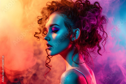 Fashion art portrait of beauty model woman in bright lights with colorful smoke. Night life concept.