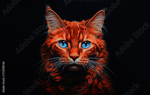 Close-Up Of Cat Against Black Background, portrait of a fluffy tricolor cat on a black background. Cat red portrait on black background with space for text © Stas
