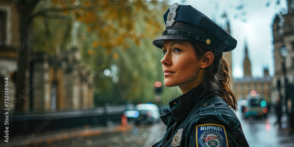 Profile of police woman wearing peaked caps, showcasing strength and determination. A symbol of justice and public safety in the urban landscape Profile of police woman wearing peaked caps, showcasing strength and determination. A symbol of justice and public safety in the urban landscape