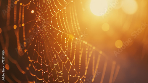 Spider web with dew, golden hour photo