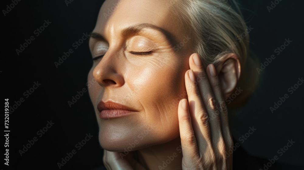 Close up Beautiful gorgeous mid aged woman. Portrait of mature old lady. Menopause. Healthy face skin care, skincare cosmetics. Close up Beautiful gorgeous mid aged woman. Portrait of mature old lady. Menopause. Healthy face skin care, skincare cosmetics.