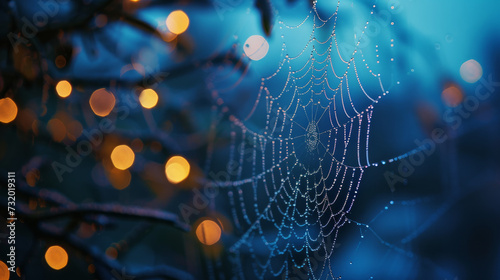 Spider web with dew, blue hour