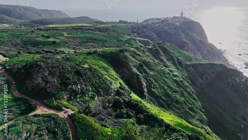 Aerial view Flying over the green cliffs towards Cabo da Roca, Portugal photo