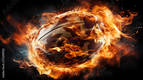 Rugby ball ablaze with fire and intensity. Power  passion  and precision captured in a scorching moment of competition. A vivid symbol of victory and determination in the world of sports
