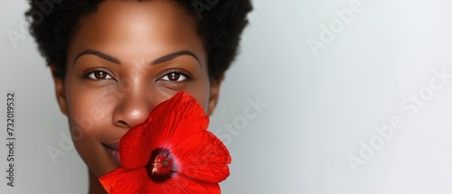 Beauty, portrait and natural face of black mid aged woman with red flower. white background. Female health concept. Menopause. Caring for your skin in menopause. Estrogens and aging skin.  photo