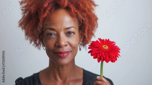 Beauty, portrait and natural face of black mid aged woman with red flower. white background. Female health concept. Menopause. Caring for your skin in menopause. Estrogens and aging skin. 