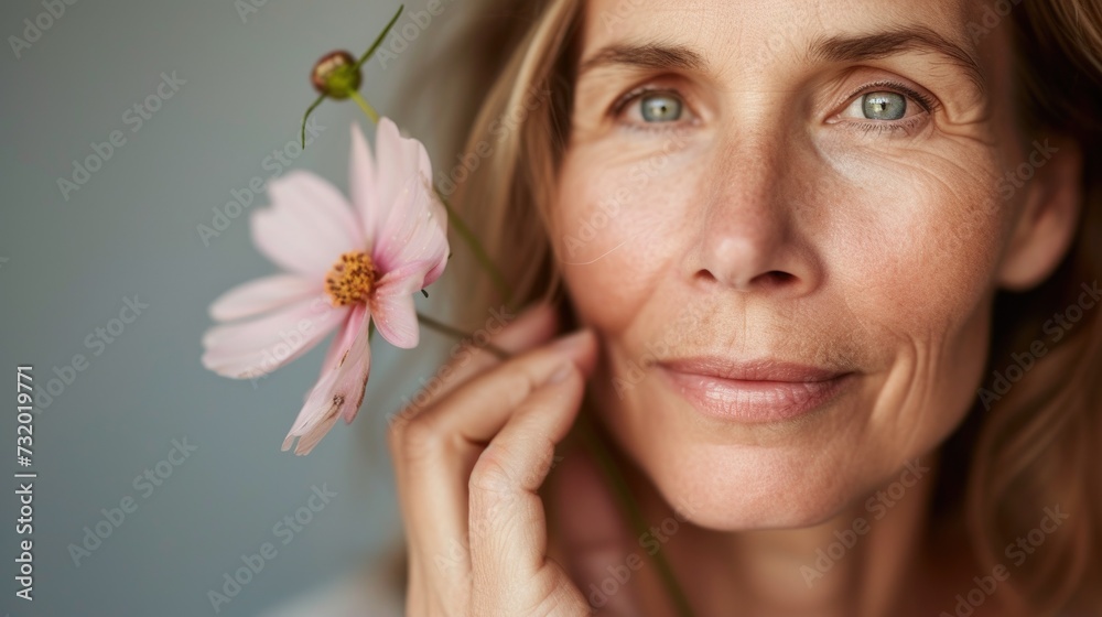 Cropped image of beautiful mid aged woman posing with flower. Concept of menopause. Caring for your skin in menopause. Estrogens and aging skin. Advertising facial anti age products, tighten skin Cropped image of beautiful mid aged woman posing with flower. Concept of menopause. Caring for your skin in menopause. Estrogens and aging skin. Advertising facial anti age products, tighten skin