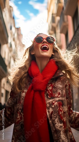 A fashion model exuding a mix of joy and confidence, photographed from a low angle in Palma de Mallorca, wearing prestigious winter attire that resembles Eva Green's fashion choices. © Life Style