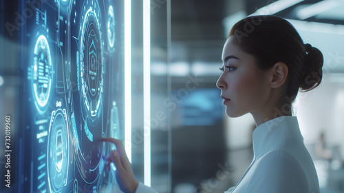 Businesswoman Interacting with a Futuristic Interface