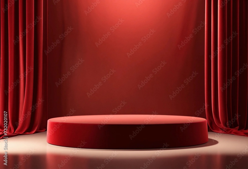 Empty red round podium or empty pedestal platform over red curtain background with dim spotlight shadow minimal concept 3d rendering, background minimal conceptual 3d rendering, soft smooth light, amb Empty red round podium or empty pedestal platform over red curtain background with dim spotlight shadow minimal concept 3d rendering, background minimal conceptual 3d rendering, soft smooth light, amb