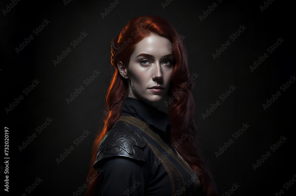 Ancient female fantasy artificer. Medieval redhead princess with copy space