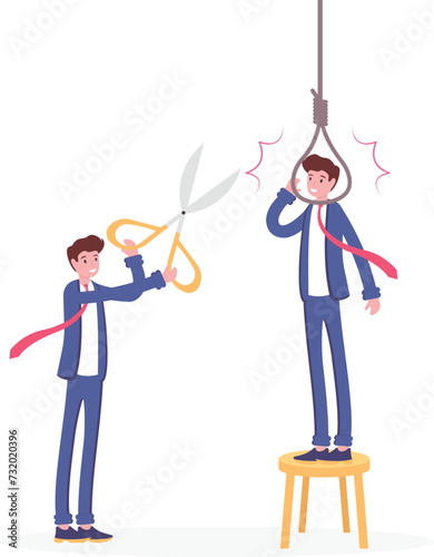 Businessmen with scissor cutting rope of hanging man, vector illustration cartoon

