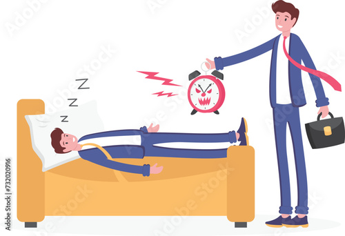 Businessman worker having bad dreams boss with say wake up, vector illustration cartoon

