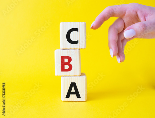 CBA - Cost Benefit Analysis symbol. Wooden cubes with word CBA. Beautiful yellow background. Businessman hand. Business and Cost Benefit Analysis concept. Copy space.