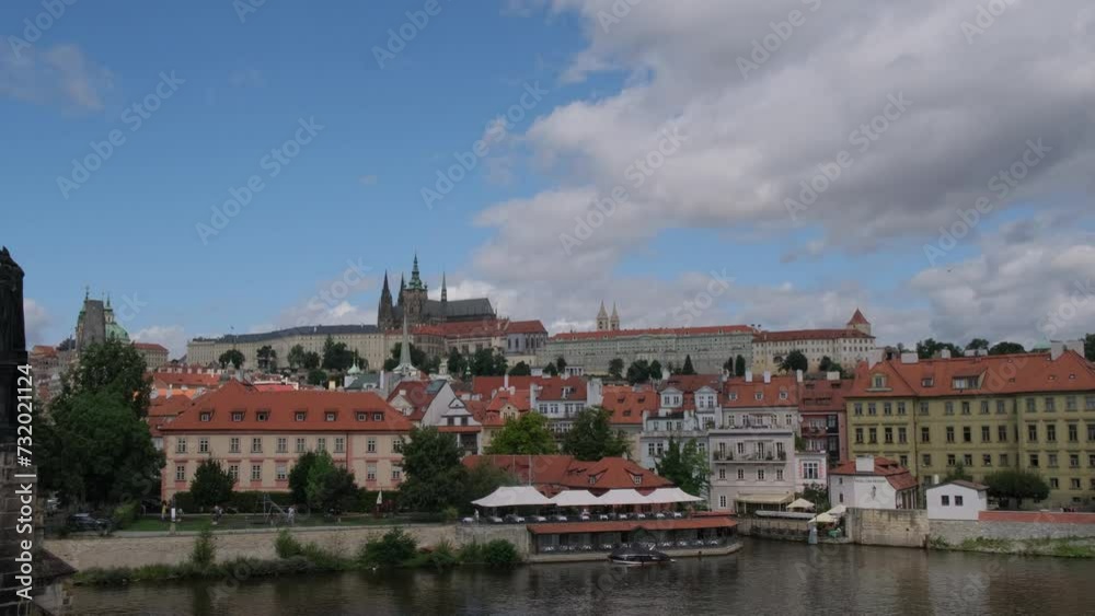 Castle backed by cityscape over river, with sky, water, and natural landscape Castle backed by cityscape over river, with sky, water, and natural landscape