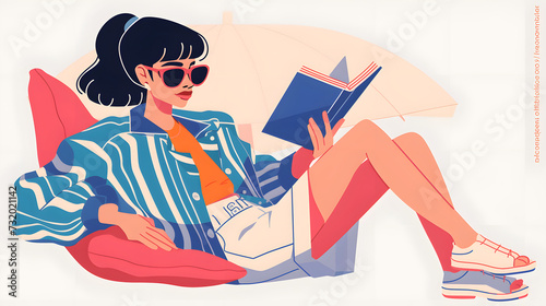 Summer activity Illustration, woman reading a book