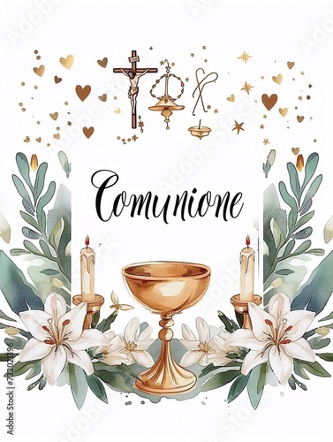 My first Comunione, written in stylish typography with subtle heart accents. card with pyx photo