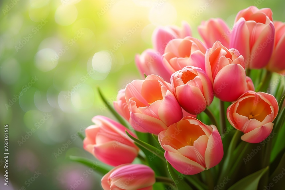 pink tulips vase green background macro lens flare banner greeting card deity spring orange hue vibrant mom
