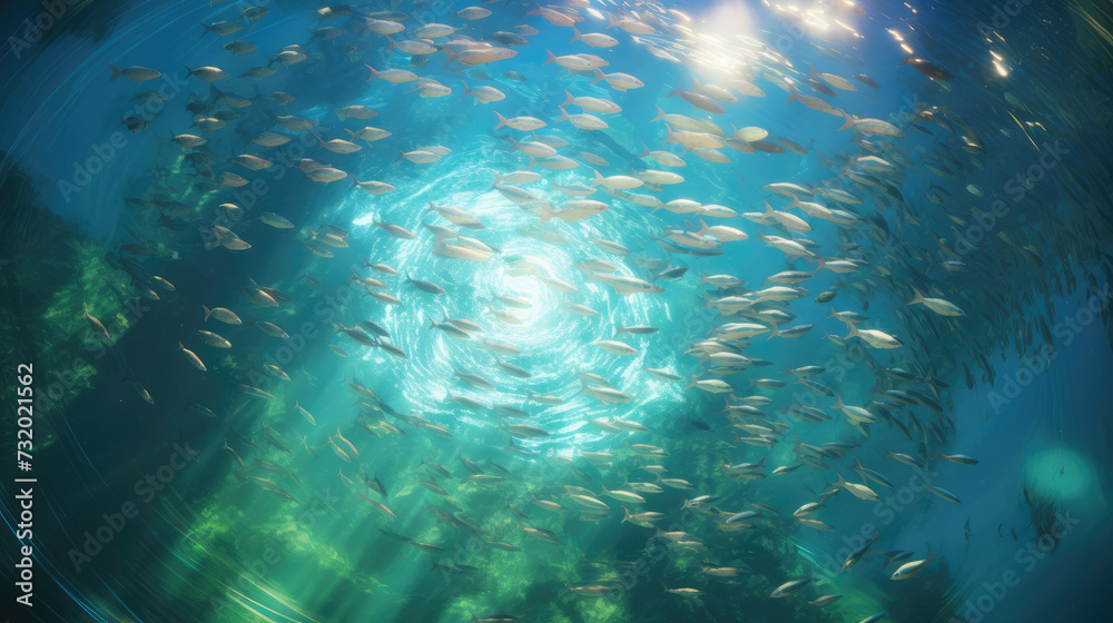 School of fish swims in a mesmerising circle in beautifully clear, turquoise water 