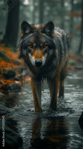 wolf walking stream woods focused gaze transparent angry winged wolves human staring blankly ahead cane