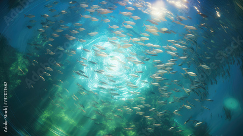 School of fish swims in a mesmerising circle in beautifully clear, turquoise water 