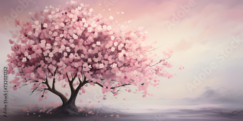 Cherry blossom tree stands in full bloom with branches adorned with delicate pink and white flowers. © Rabbit_1990