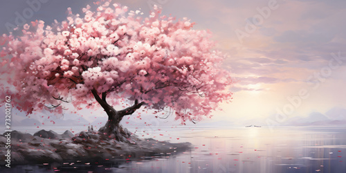Cherry blossom tree stands in full bloom with branches adorned with delicate pink and white flowers.