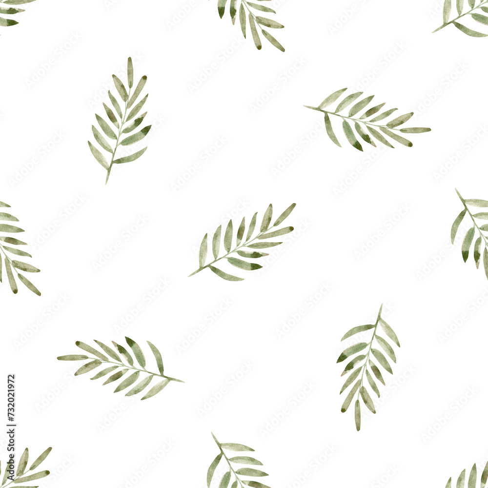 Watercolor green branch seamless pattern on white background Watercolor green branch seamless pattern on white background