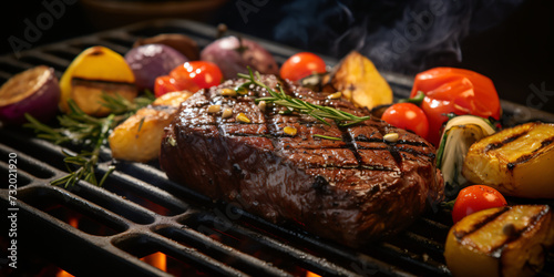 Juicy grilled steak and vegetables on hot grill.