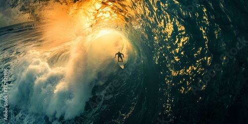Adventurous surfer rides a massive wave at sunset, embodying extreme sport and nature's beauty. perfect for wall art and sports magazines. AI © Irina Ukrainets