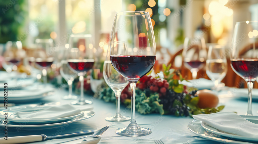 Elegant Dinner Setting with Wine Glasses, Romantic Atmosphere for Celebrations