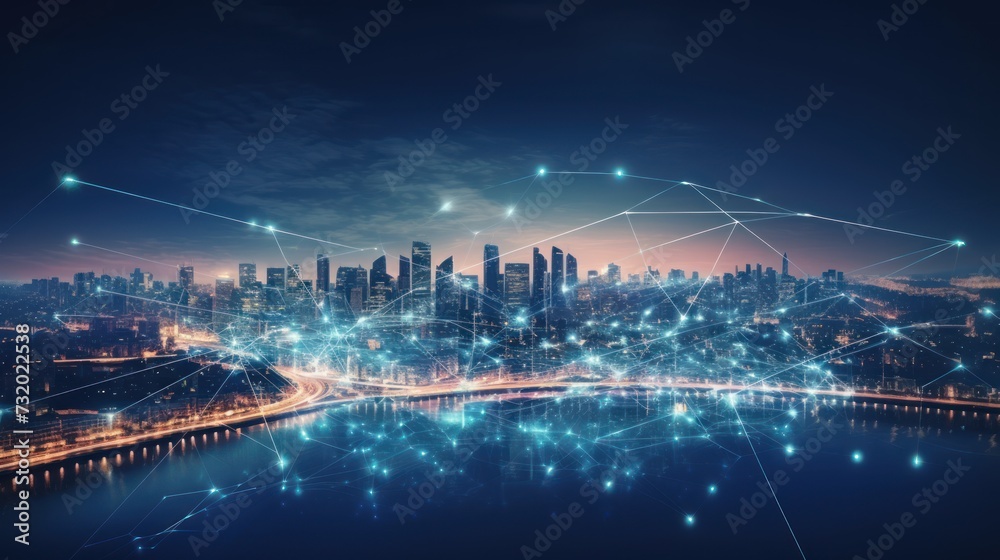 innovation smart city and abstract dot points connect with gradient lines and aesthetic Intricate wave line design, big data connection technology concept.