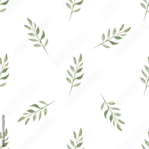 Watercolor green branch seamless pattern on white background