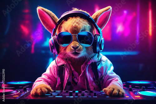 Cute red hare in headphones playing music on a dj party. photo