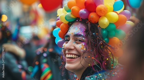 Joyful woman at festive celebration surrounded by balloons and confetti. candid street carnival moment captured in vivid colors. AI