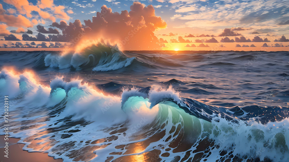 illustration beautiful beach sunset large crashing waves