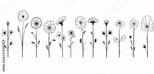 doodle summer meadow plants and insects in a line art style. photo