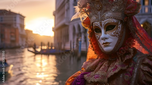 Opulent venetian mask in sunset hues, a mysterious figure by the canal. captivating venice carnival ambiance. perfect image for festive themes. AI © Irina Ukrainets