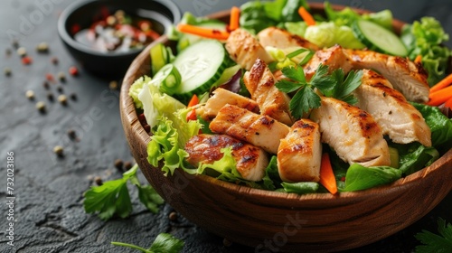 A bowl of Chicken salad with vegetables.