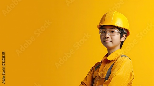 outhful builder: Smiling child near a white wall, exploring career possibilities